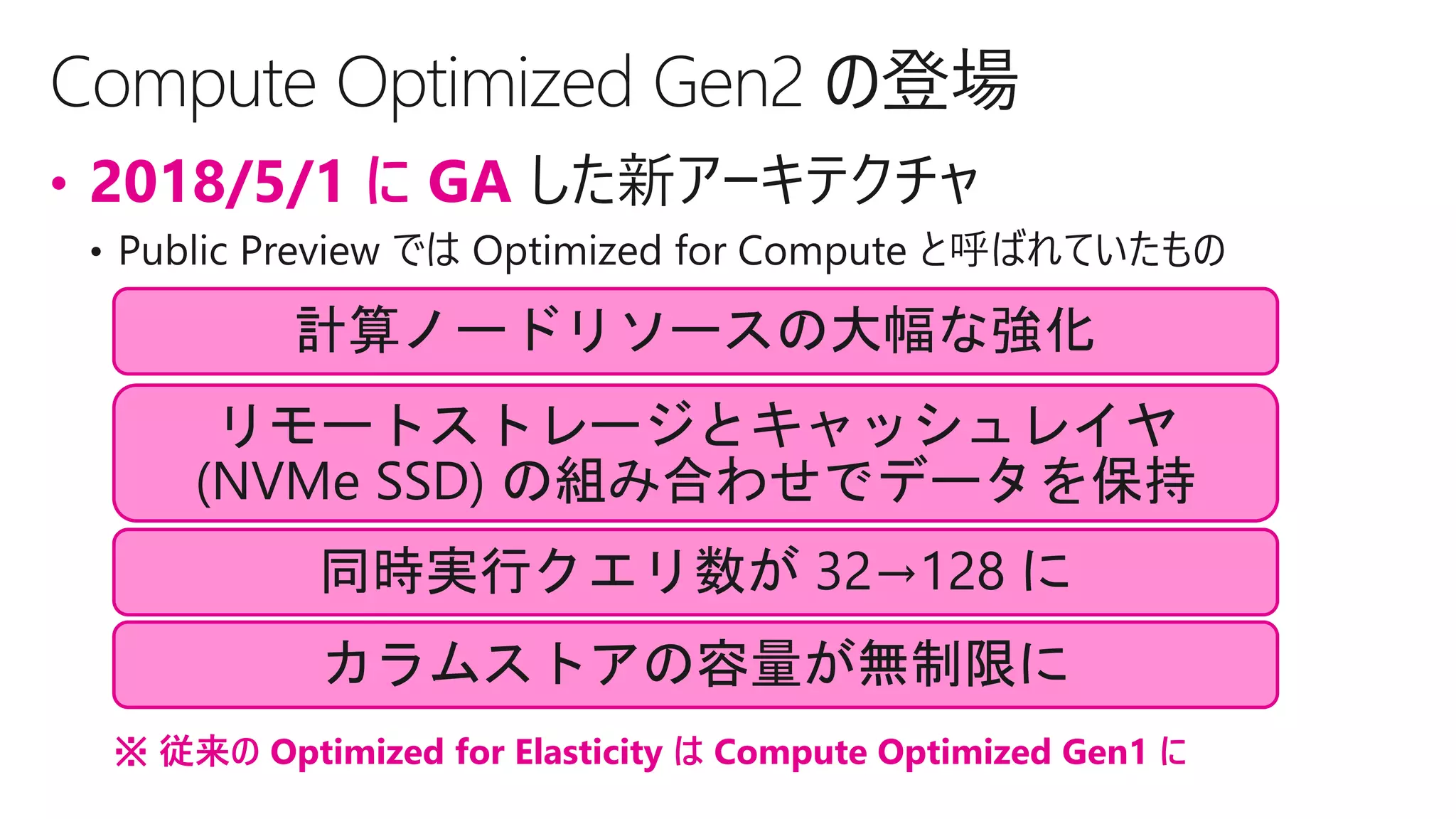 • 2018/5/1 に GA した新アーキテクチャ
計算ノードリソースの大幅な強化
リモートストレージとキャッシュレイヤ
(NVMe SSD) の組み合わせでデータを保持
同時実行クエリ数が 32→128 に
カラムストアの容量が無制限に
※ 従来の Optimized for Elasticity は Compute Optimized Gen1 に
 