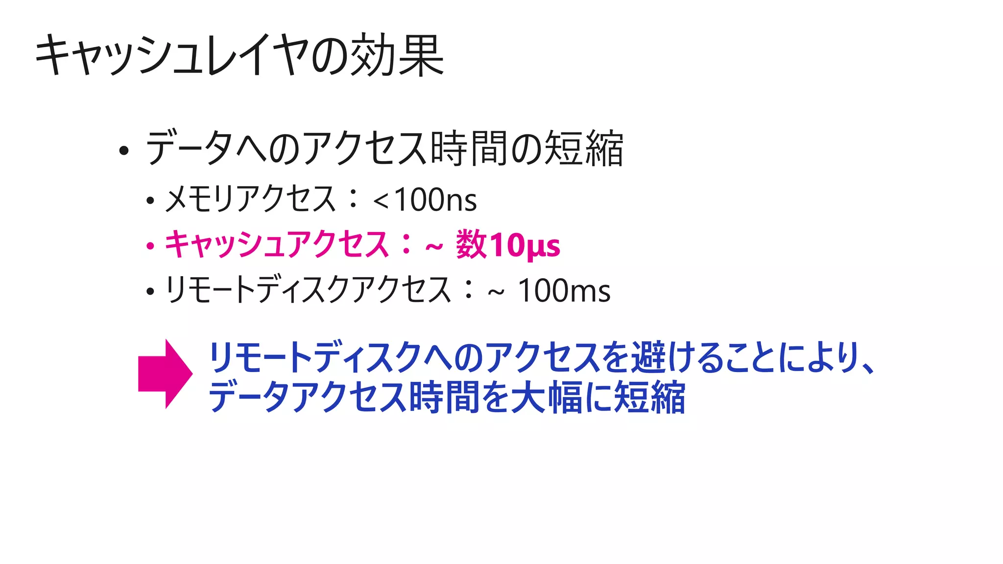 • キャッシュアクセス：~ 数10μs
リモートディスクへのアクセスを避けることにより、
データアクセス時間を大幅に短縮
 