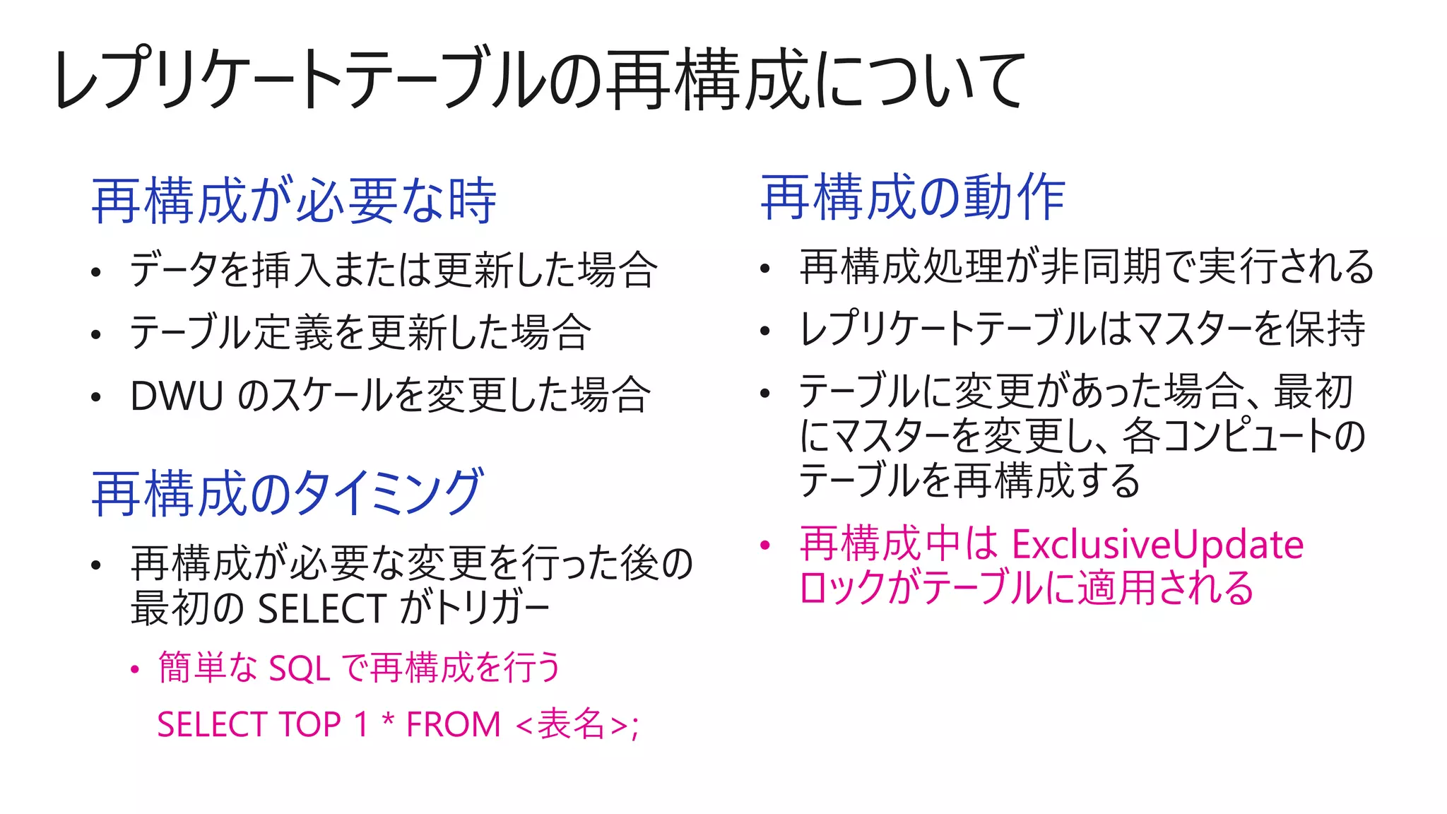 再構成が必要な時
再構成のタイミング
• 簡単な SQL で再構成を行う
SELECT TOP 1 * FROM <表名>;
再構成の動作
• 再構成中は ExclusiveUpdate
ロックがテーブルに適用される
 