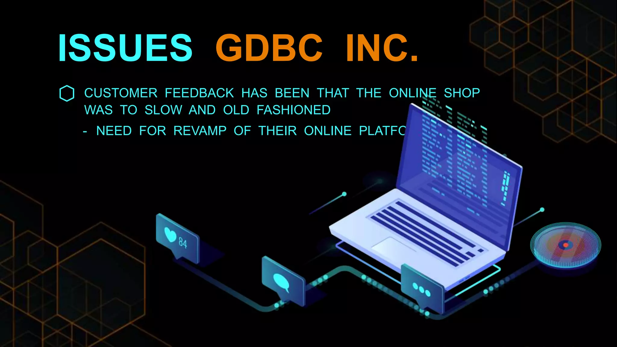 ISSUES GDBC INC.
CUSTOMER FEEDBACK HAS BEEN THAT THE ONLINE SHOP
WAS TO SLOW AND OLD FASHIONED
- NEED FOR REVAMP OF THEIR ONLINE PLATFORM
 