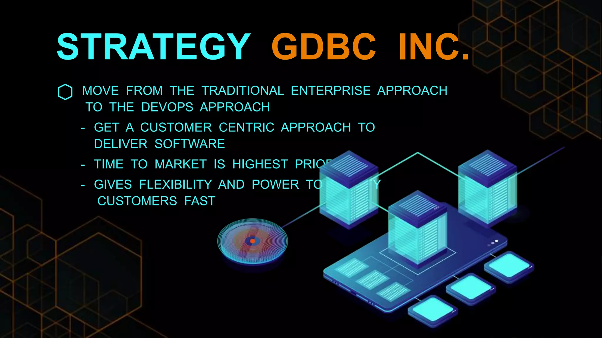 STRATEGY GDBC INC.
MOVE FROM THE TRADITIONAL ENTERPRISE APPROACH
TO THE DEVOPS APPROACH
- GET A CUSTOMER CENTRIC APPROACH TO
DELIVER SOFTWARE
- TIME TO MARKET IS HIGHEST PRIORITY
- GIVES FLEXIBILITY AND POWER TO SATISFY
CUSTOMERS FAST
 