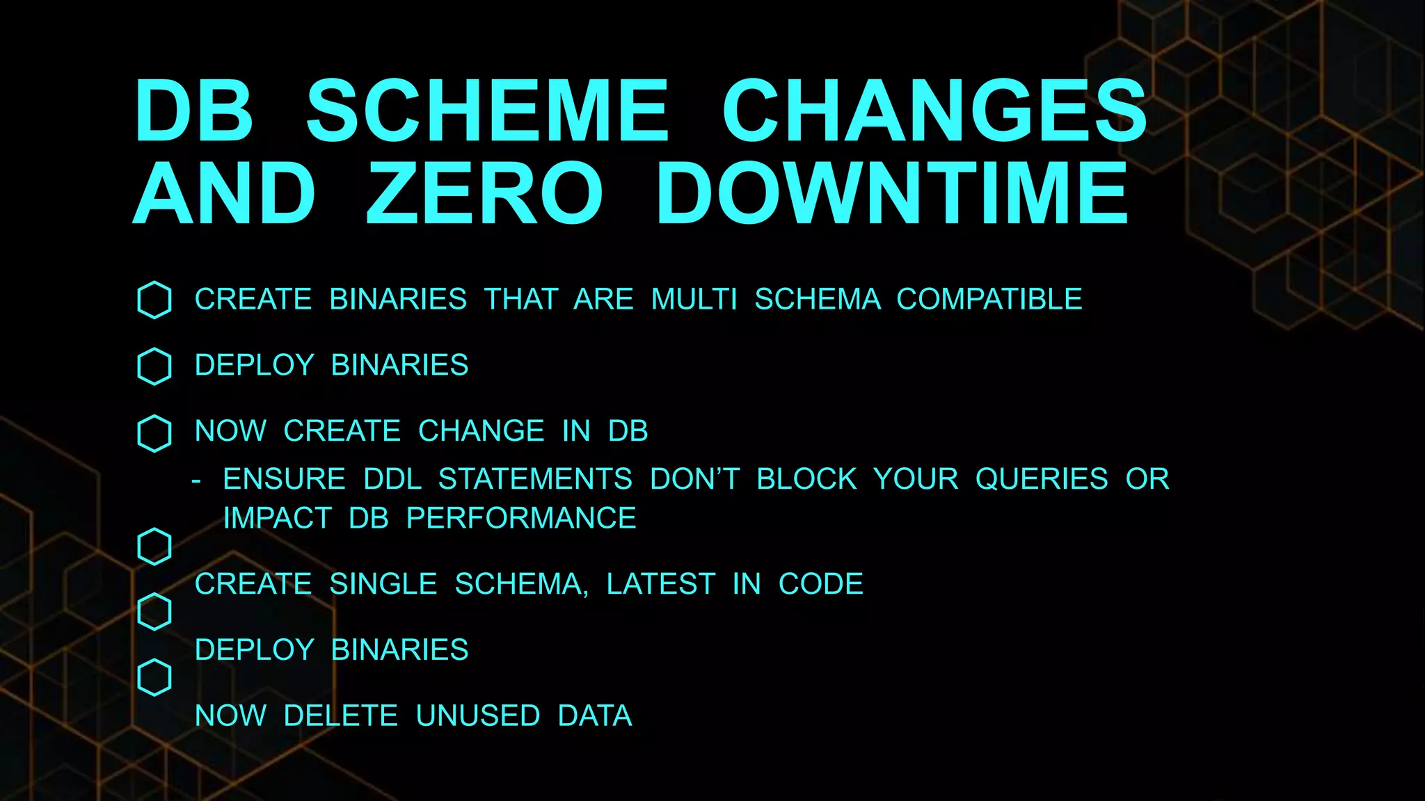 DB SCHEME CHANGES
AND ZERO DOWNTIME
CREATE BINARIES THAT ARE MULTI SCHEMA COMPATIBLE
DEPLOY BINARIES
NOW CREATE CHANGE IN DB
- ENSURE DDL STATEMENTS DON’T BLOCK YOUR QUERIES OR
IMPACT DB PERFORMANCE
CREATE SINGLE SCHEMA, LATEST IN CODE
DEPLOY BINARIES
NOW DELETE UNUSED DATA
 