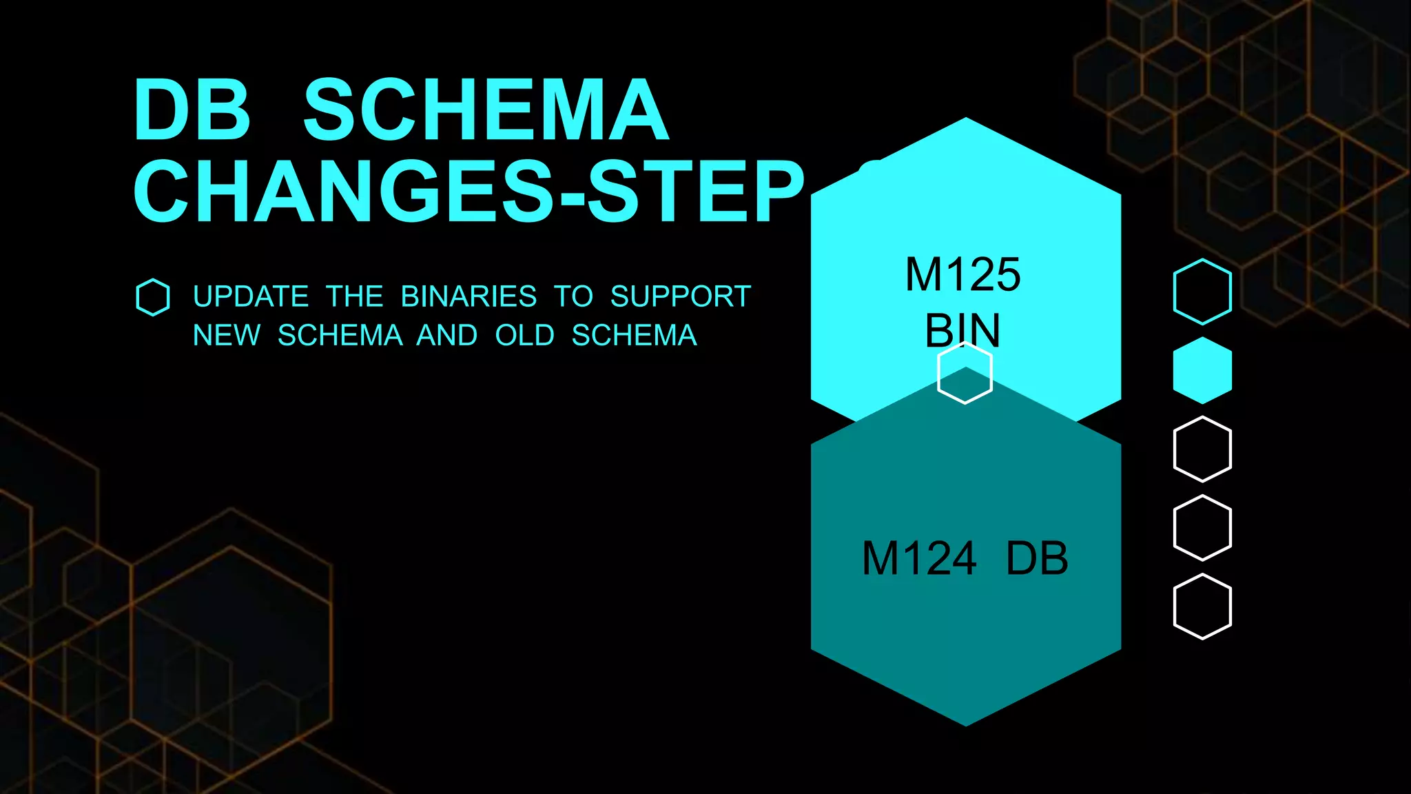 DB SCHEMA
CHANGES-STEP 2
UPDATE THE BINARIES TO SUPPORT
NEW SCHEMA AND OLD SCHEMA
M125
BIN
M124 DB
 