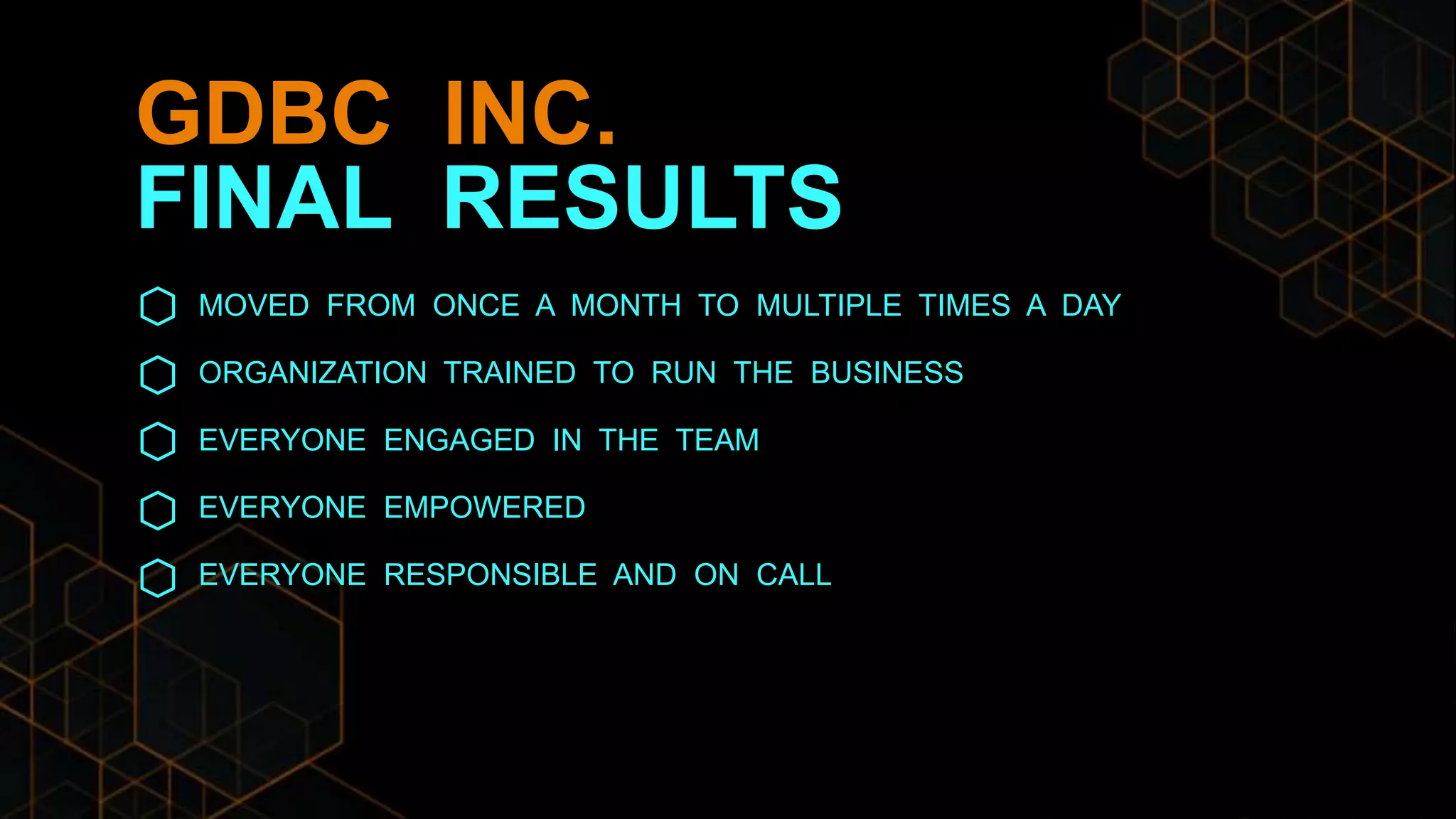 GDBC INC.
FINAL RESULTS
MOVED FROM ONCE A MONTH TO MULTIPLE TIMES A DAY
ORGANIZATION TRAINED TO RUN THE BUSINESS
EVERYONE ENGAGED IN THE TEAM
EVERYONE EMPOWERED
EVERYONE RESPONSIBLE AND ON CALL
 