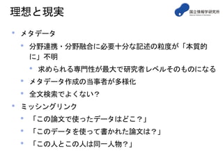理想と現実
• メタデータ
• 分野連携・分野融合に必要十分な記述の粒度が「本質的
に」不明
• 求められる専門性が最大で研究者レベルそのものになる
• メタデータ作成の当事者が多様化
• 全文検索でよくない？
• ミッシングリンク
• 「この論文で使ったデータはどこ？」
• 「このデータを使って書かれた論文は？」
• 「この人とこの人は同一人物？」
 