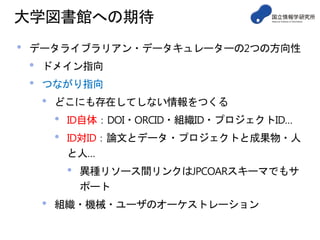 大学図書館への期待
• データライブラリアン・データキュレーターの2つの方向性
• ドメイン指向
• つながり指向
• どこにも存在してしない情報をつくる
• ID自体：DOI・ORCID・組織ID・プロジェクトID…
• ID対ID：論文とデータ・プロジェクトと成果物・人
と人…
• 異種リソース間リンクはJPCOARスキーマでもサ
ポート
• 組織・機械・ユーザのオーケストレーション
 