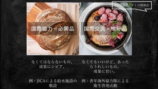 なくてはならないもの。
成果にシビア。
例：JICAによる給水施設の
敷設
なくてもいいけど、あった
らうれしいもの。
成果に甘い。
例：青年海外協力隊による
衛生啓発活動
#ルワンダノオトの勉強会
 