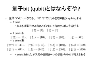 量子bit (qubit)とはなんぞや?
• 量子コンピュータでも、 “0” “1”のビットを取り扱う: qubitとよぶ
– 1 qubit
• たとえば電子の上向きスピンを1 下向きのスピンを0とする
– 2 qubits系
– 3 qubits系
– N qubitsあれば、2N次元の空間を一つの状態ベクトルで考えられる
 