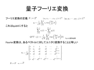 量子フーリエ変換
フーリエ変換の定義
これはqubitにすると
Fourier変換は、あるベクトルに対してユニタリ変換することと等しい
ちょっと変形必要
 