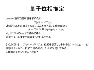 量子位相推定
Unitary行列の固有値を求めたい!
近似的にφを求めるアルゴリズムを考える。２進数表記で
について0 or 1で求めてゆく。
固有ベクトルはすでに求まっているとする
さて、 から、 と、位相を計算し、それを
状態ベクトルに一桁ずつ埋め込む、ということをしてみる。
これはどうやってやるべきか?
 
