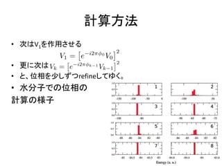 計算方法
• 次はV1を作用させる
• 更に次は
• と、位相を少しずつrefineしてゆく。
• 水分子での位相の
計算の様子
 