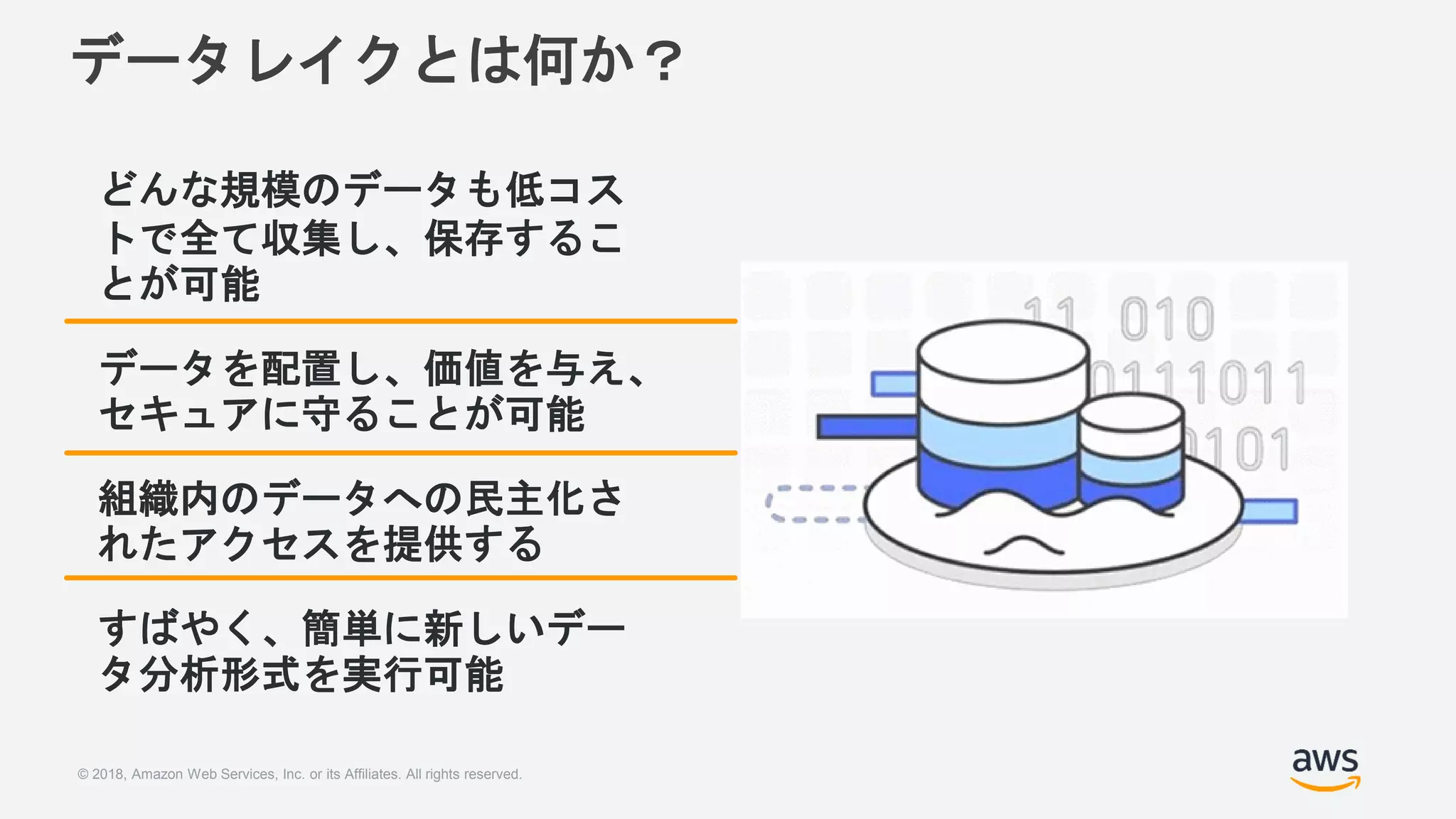 © 2018, Amazon Web Services, Inc. or its Affiliates. All rights reserved.
データレイクとは何か？
どんな規模のデータも低コス
トで全て収集し、保存するこ
とが可能
データを配置し、価値を与え、
セキュアに守ることが可能
組織内のデータへの民主化さ
れたアクセスを提供する
すばやく、簡単に新しいデー
タ分析形式を実行可能
 