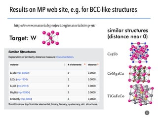 Results on MP web site, e.g. for BCC-like structures
52
https://www.materialsproject.org/materials/mp-91/!
Target: W
similar structures
(distance near 0)
Cs3Sb!
TiGaFeCo!
CeMg2Cu!
 