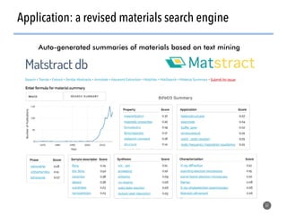 61
Application: a revised materials search engine
Auto-generated summaries of materials based on text mining
 