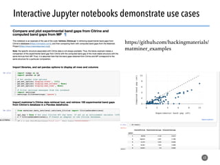 68
Interactive Jupyter notebooks demonstrate use cases
https://github.com/hackingmaterials/
matminer_examples!
 