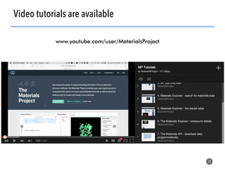 Video tutorials are available
74
www.youtube.com/user/MaterialsProject
 