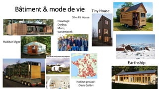 Bâtiment & mode de vie Tiny House
Habitat léger
Earthship
Habitat groupé:
Oasis Colibri
Slim Fit House
Ecovillage:
Durbuy,
Mons,
Wesembeek
 