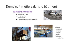 Demain, 4 métiers dans le bâtiment
Fabricant de maison
• Informaticien
• Logisticien
• Coordinateur de chantier
Finition
menuiserie
carrelage
parquet
portes
peinture
ameublement
 