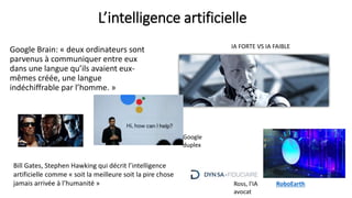 L’intelligence artificielle
Google Brain: « deux ordinateurs sont
parvenus à communiquer entre eux
dans une langue qu’ils avaient eux-
mêmes créée, une langue
indéchiffrable par l’homme. »
RoboEarth
Bill Gates, Stephen Hawking qui décrit l’intelligence
artificielle comme « soit la meilleure soit la pire chose
jamais arrivée à l’humanité » Ross, l’IA
avocat
IA FORTE VS IA FAIBLE
Google
duplex
 