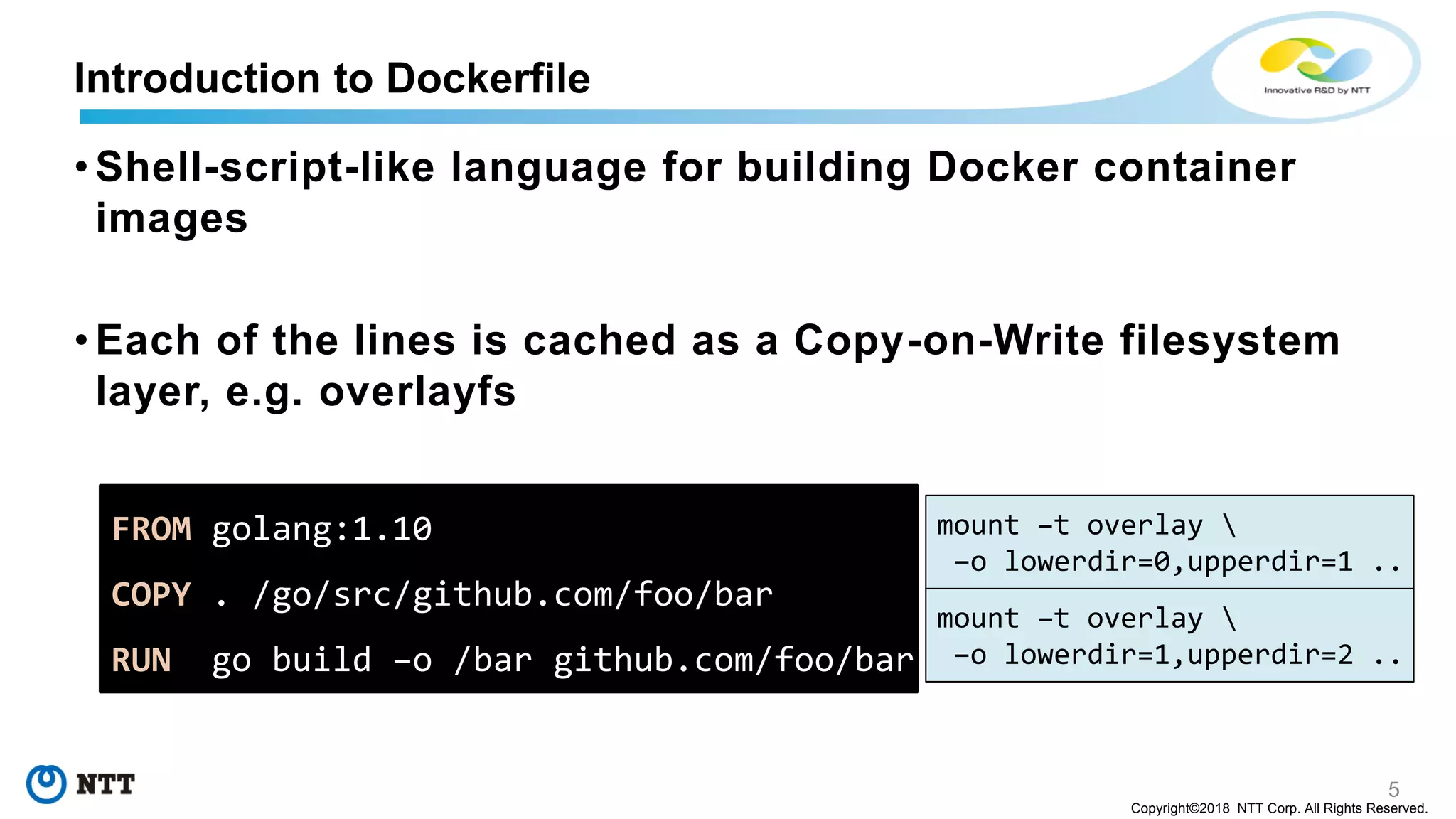5
Copyright©2018 NTT Corp. All Rights Reserved.
• Shell-script-like language for building Docker container
images
• Each of the lines is cached as a Copy-on-Write filesystem
layer, e.g. overlayfs
Introduction to Dockerfile
mount –t overlay 
–o lowerdir=0,upperdir=1 ..
FROM golang:1.10
COPY . /go/src/github.com/foo/bar
RUN go build –o /bar github.com/foo/bar
mount –t overlay 
–o lowerdir=1,upperdir=2 ..
 