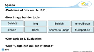 4
Copyright©2018 NTT Corp. All Rights Reserved.
• Problems of `docker build`
• New image builder tools
• Comparison & Evaluation
• CBI: "Container Builder Interface"
Agenda
BuildKit img
Bazelkaniko
Buildah
Source-to-Image Metaparticle
umoci&orca
 