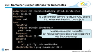 47
Copyright©2018 NTT Corp. All Rights Reserved.
CBI: Container Builder Interface for Kubernetes
apiVersion: cbi.containerbuilding.github.io/v1alpha1
kind: BuildJob
metadata:
name: ex0
spec:
registry:
target: example.com/foo/bar
push: true
language:
dockerfile: {}
context:
git:
url: git://github.com/foo/bar
pluginSelector: plugin.name=buildkit
Most plugins accept Dockerfile,
but non-Dockerfile plugins are also supported.
e.g. Source-to-Image
The CBI controller converts "BuildJob" CRD objects
into Kubernetes batch/v1 Job objects
 