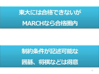 11
東大には合格できないが
MARCHなら合格圏内
制約条件が記述可能な
囲碁、将棋などは得意
 