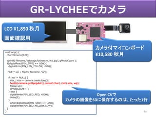 14
LCD ¥1,850 秋月
画面確認用
GR-LYCHEEでカメラ
void loop() {
char filename[128];
sprintf( filename,"/storage/lycheecm_%d.jpg", gPhotoCount );
if(digitalRead(PIN_SW0) == LOW){
digitalWrite(PIN_LED_YELLOW, HIGH);
FILE * wp = fopen( filename, "w");
if (wp != NULL) {
size_t size = camera.createJpeg();
fwrite(camera.getJpegAdr(), sizeof(char), (int) size, wp);
fclose(wp);
gPhotoCount++;
} else {
digitalWrite(PIN_LED_RED, HIGH);
delay(1);
}
while(digitalRead(PIN_SW0) == LOW);
digitalWrite(PIN_LED_YELLOW, LOW);
}
}
カメラ付マイコンボード
¥10,580 秋月
Open CVで
カメラの画像をSDに保存するのは、たった1行
 