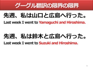 9
グーグル翻訳の限界の限界
先週、私は山口と広島へ行った。
Last week I went to Yamaguchi and Hiroshima.
先週、私は鈴木と広島へ行った。
Last week I went to Suzuki and Hiroshima.
 