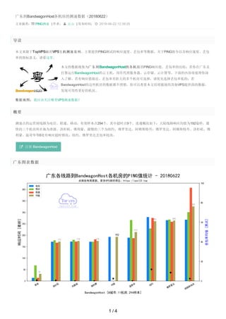 广东到BandwagonHost各机房的测速数据（20180622）
文章属类： PING测速 | 作者：  丘山 | 发布时间：  2018-06-22 12:39:25
导读
本文来源于TopVPS站的VPS主机测速系列，主要提供PING测试的响应速度、丢包率等数据，关于PING指令以及响应速度、丢包
率的指标意义，请看这里。
本文的数据视角为广东到BandwagonHost的各机房的PING响应值、丢包率的比较；若你在广东且
打算运行BandwagonHost的云主机，用作代理服务器、云存储、云计算等，下面的内容很值得你深
入了解。若有响应值接近、丢包率差距大的多个机房可选择，请优先选择丢包率低的；若
BandwagonHost的这些机房的数据都不理想，你可以查看本文结尾链接的其他VPS提供商的数据，
发现可用性更好的机房。
数据地图：我应该关注哪类VPS测速数据？
概要
测速点的运营商线路为电信、联通、移动，有效样本点294个，其中超时点9个。连通概况如下：大陆线路响应均值为192毫秒，最
快的三个机房所在地为香港、洛杉矶、佛利蒙，最慢的三个为纽约、佛罗里达、阿姆斯特丹；佛罗里达、阿姆斯特丹、洛杉矶、佛
利蒙、温哥华等6处有响应超时情况；纽约、佛罗里达丢包率较高。
 注册 BandwagonHost
广东图表数据
1 / 4
 