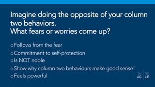 oFollows from the fear
oCommitment to self-protection
oIs NOT noble
oShow why column two behaviours make good sense!
oFeels powerful
Imagine doing the opposite of your column
two behaviors.
What fears or worries come up?
 