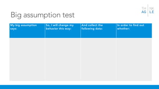 Big assumption test
My big assumption
says:
So, I will change my
behavior this way:
And collect the
following data:
In order to find out
whether:
 