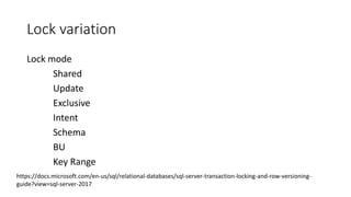 Lock variation
Lock mode
Shared
Update
Exclusive
Intent
Schema
BU
Key Range
https://docs.microsoft.com/en-us/sql/relational-databases/sql-server-transaction-locking-and-row-versioning-
guide?view=sql-server-2017
 