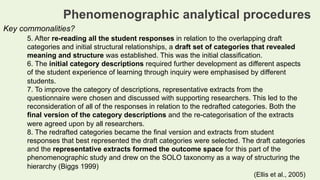 Phenomenographic analytical procedures
Key commonalities?
5. After re-reading all the student responses in relation to the...