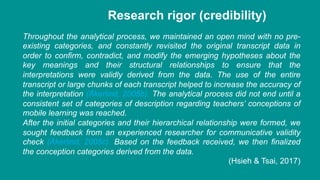 Research rigor (credibility)
Throughout the analytical process, we maintained an open mind with no pre-
existing categorie...