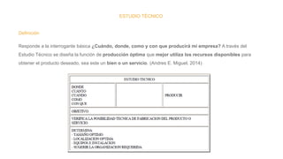 ESTUDIO TÉCNICO
Definición
Responde a la interrogante básica ¿Cuándo, donde, como y con que producirá mi empresa? A través del
Estudio Técnico se diseña la función de producción óptima que mejor utiliza los recursos disponibles para
obtener el producto deseado, sea este un bien o un servicio. (Andres E. Miguel, 2014)
 
