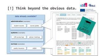 data already available?
administrative (examples)
student records course grades
[!] Think beyond the obvious data.
32
syst...