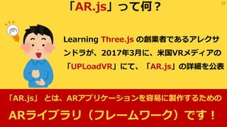 15
AR.jsäƺΣ
Learning Three.js ΄IߤǤ륢쥯
ɥ餬20173¤ˡ׹VRǥ
UPLoadVRˤơAR.jsԔ򹫱
AR.js ȤϡARץꥱ`פu뤿
AR饤֥꣨ե``Ǥ
 