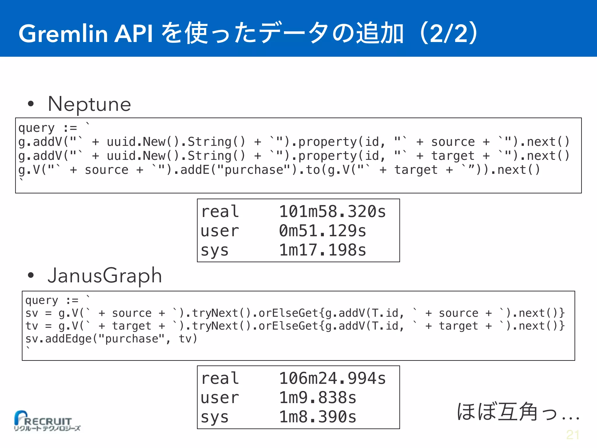 Gremlin API 2/2
• Neptune
• JanusGraph
real 101m58.320s
user 0m51.129s
sys 1m17.198s
query := `
g.addV("` + uuid.New().String() + `").property(id, "` + source + `").next()
g.addV("` + uuid.New().String() + `").property(id, "` + target + `").next()
g.V("` + source + `").addE("purchase").to(g.V("` + target + `”)).next()
`
query := `
sv = g.V(` + source + `).tryNext().orElseGet{g.addV(T.id, ` + source + `).next()}
tv = g.V(` + target + `).tryNext().orElseGet{g.addV(T.id, ` + target + `).next()}
sv.addEdge("purchase", tv)
`
real 106m24.994s
user 1m9.838s
sys 1m8.390s …
21
 