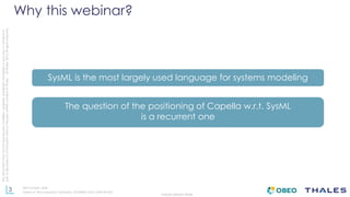 3
THALES GROUP OPEN
Thisdocumentmaynotbereproduced,modified,adapted,published,translated,inanyway,inwholeorin
partordisclosedtoathirdpartywithoutthepriorwrittenconsentofThales-©Thales2015Allrightsreserved.
Ref number- date
Name of the company/ Template : 87204467-DOC-GRP-EN-002
Why this webinar?
SysML is the most largely used language for systems modeling
The question of the positioning of Capella w.r.t. SysML
is a recurrent one
 