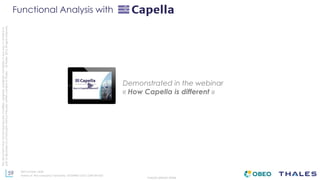 59
THALES GROUP OPEN
Thisdocumentmaynotbereproduced,modified,adapted,published,translated,inanyway,inwholeorin
partordisclosedtoathirdpartywithoutthepriorwrittenconsentofThales-©Thales2015Allrightsreserved.
Ref number- date
Name of the company/ Template : 87204467-DOC-GRP-EN-002
Functional Analysis with
Demonstrated in the webinar
« How Capella is different »
 