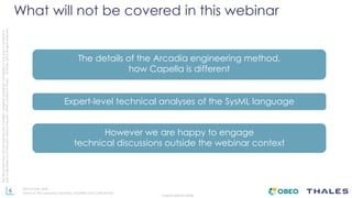 6
THALES GROUP OPEN
Thisdocumentmaynotbereproduced,modified,adapted,published,translated,inanyway,inwholeorin
partordisclosedtoathirdpartywithoutthepriorwrittenconsentofThales-©Thales2015Allrightsreserved.
Ref number- date
Name of the company/ Template : 87204467-DOC-GRP-EN-002
What will not be covered in this webinar
However we are happy to engage
technical discussions outside the webinar context
Expert-level technical analyses of the SysML language
The details of the Arcadia engineering method,
how Capella is different
 