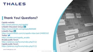 www.thalesgroup.com
THALES GROUP INTERNAL
Thank You! Questions?
Capella website:
http://www.polarsys.org/capella/
LinkedIn Discussion Group
https://www.linkedin.com/groups/8605600
LinkedIn Page
https://www.linkedin.com/in/capella-mbse-tool-244083162
Twitter
https://twitter.com/capella_arcadia
Arcadia public forum:
https://polarsys.org/forums/index.php/f/12/
Capella public forum:
https://polarsys.org/forums/index.php/f/13/
 