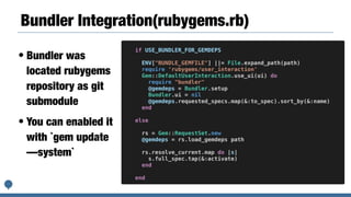 The policy of RubyGems merging
• Merge latest stable version into Ruby Core
• Ruby 2.6.0 will bundle RubyGems 3.0(TBD)
• R...
