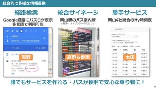 8
統合的で多様な情報提供
経路検索
Google経路にバスロケ表示
多言語で利用可能
統合サイネージ
岡山駅のバス案内版
※標準・オープンデータではない
勝手サービス
岡山6社統合のMy時刻表
誰でもサービスを作れる・バスが便利で安心な乗り物に！
太田高野も参画高野
 
