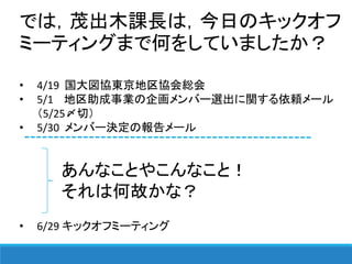 では，茂出木課長は，今日のキックオフ
ミーティングまで何をしていましたか？
• 4/19 国大図協東京地区協会総会
• 5/1 地区助成事業の企画メンバー選出に関する依頼メール
（5/25〆切）
• 5/30 メンバー決定の報告メール
• 6/29 キックオフミーティング
あんなことやこんなこと！
それは何故かな？
 