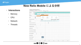 New Relic Mobile による分析
32
• Interactions
• Memory
• CPU
• Network
• Threads
 