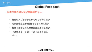 Global Feedback
9
日本では再現しない問題ばかり…
• 起動のスプラッシュから切り替わらない
• 名刺画像送信が1分経っても終わらない
• 編集を確定しても全然画面が遷移しない
• 「通信エラー」のトーストがよく出る
etc…
 