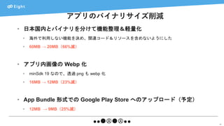 アプリのバイナリサイズ削減
49
• 日本国内とバイナリを分けて機能整理＆軽量化
• 海外で利用しない機能を決め、関連コード＆リソースを含めないようにした
• 60MB → 20MB（66%減）
• アプリ内画像の Webp 化
• minSdk 19 なので、透過 png も webp 化
• 16MB → 12MB（23%減）
• App Bundle 形式での Google Play Store へのアップロード（予定）
• 12MB → 9MB（25%減）
 