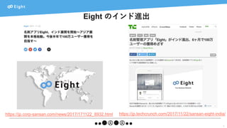 Eight のインド進出
7
https://jp.corp-sansan.com/news/2017/171122_8932.html https://jp.techcrunch.com/2017/11/22/sansan-eight-india/
 